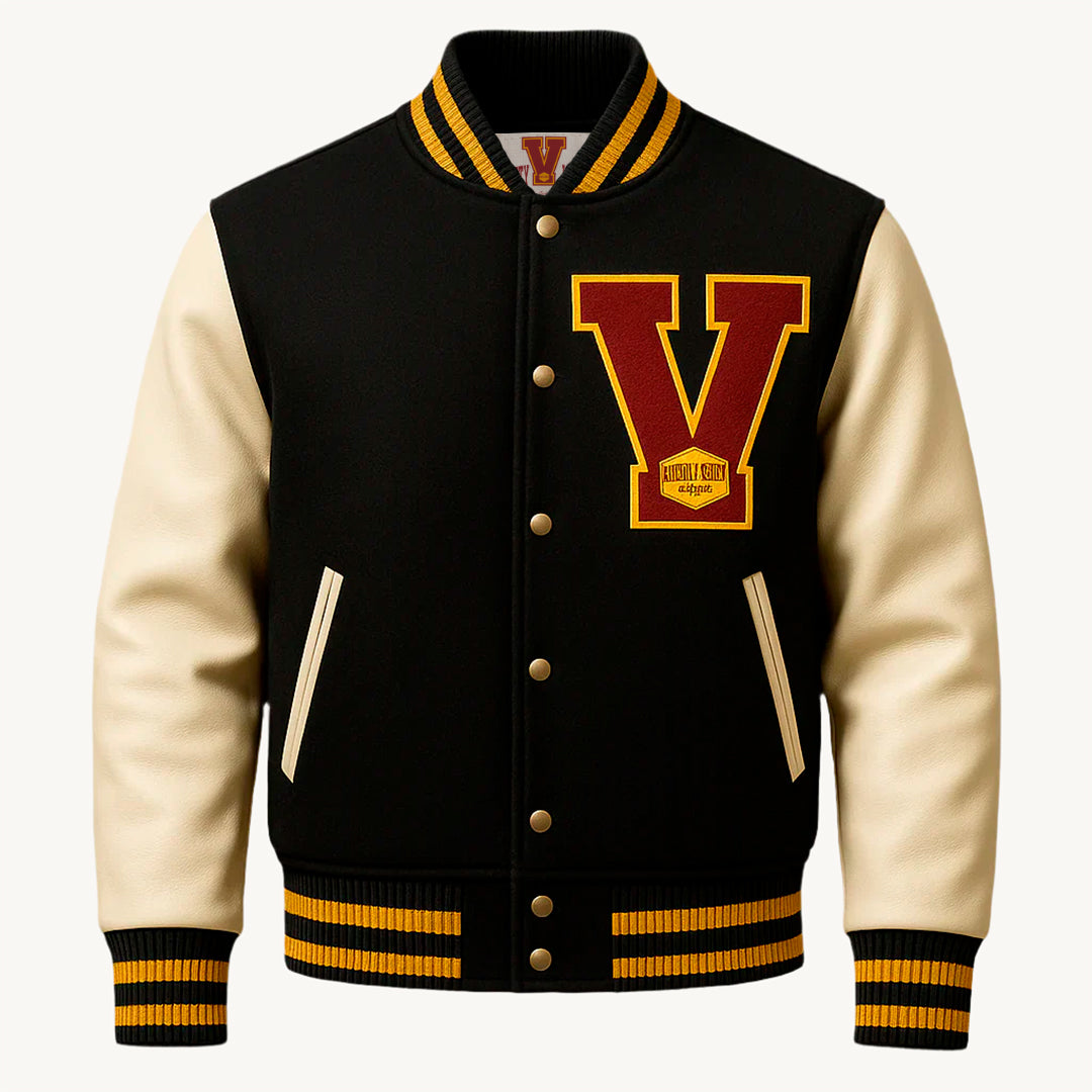 Black and beige varsity jacket with a large red 'V' on the chest against a white background