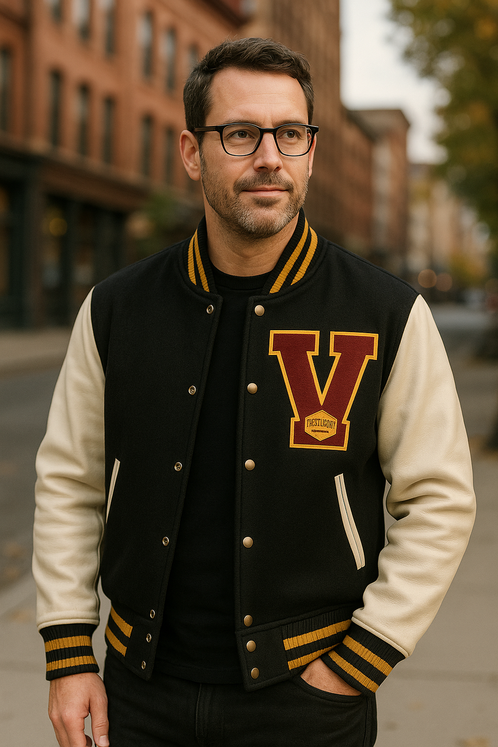 Man wearing a black and gold varsity jacket with a large 'V' on a city street.